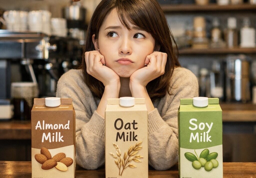 オーツミルク、豆乳、アーモンドミルクで悩む女性