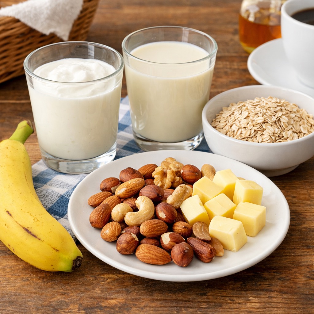 皿に盛られたナッツやチーズ、オートミール、ヨーグルトなどが並んでいるテーブル