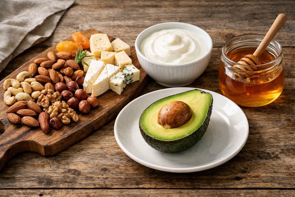 テーブルの上にアボカド、無糖ヨーグルト、チーズ、ナッツ、はちみつが並ぶ