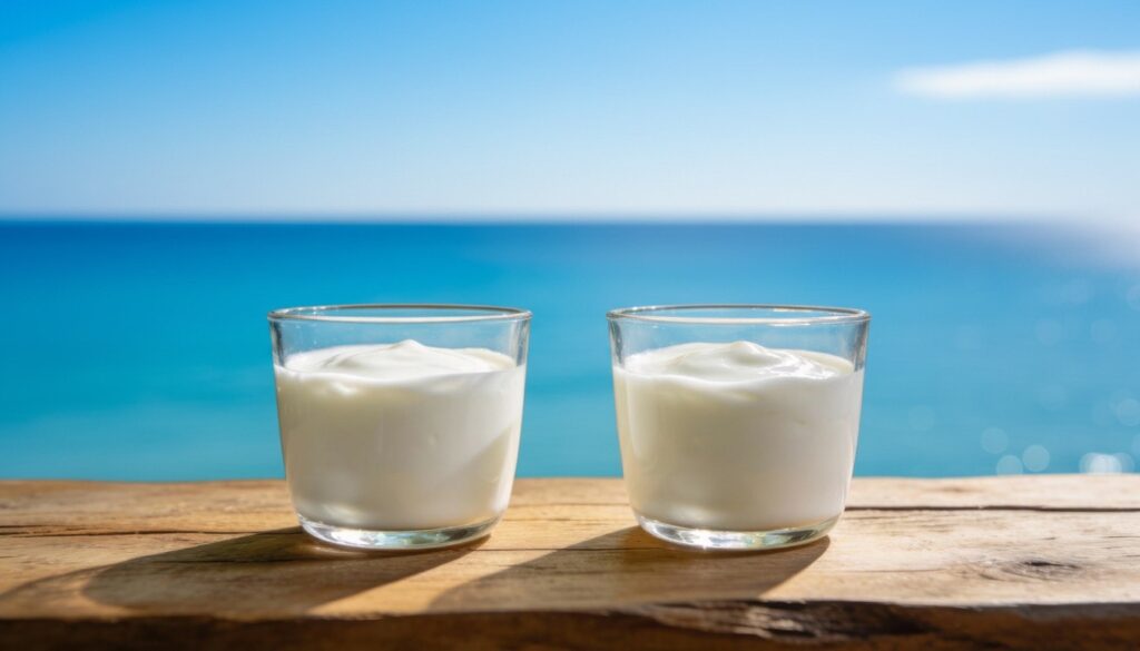 海を背景にガラスの器に入ったヨーグルトのが2つ