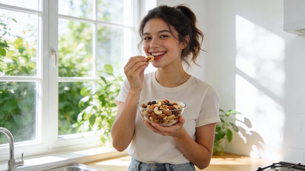 ボールに入ったナッツミックスを食べる若い女性