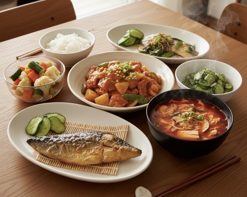 食卓のテーブルの上にお酢を使った料理が6品とご飯が並ぶ風景