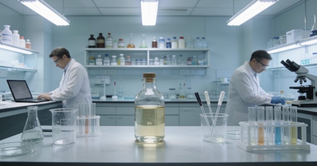 お酢の研究をしている研究室で。男性2人が作業している