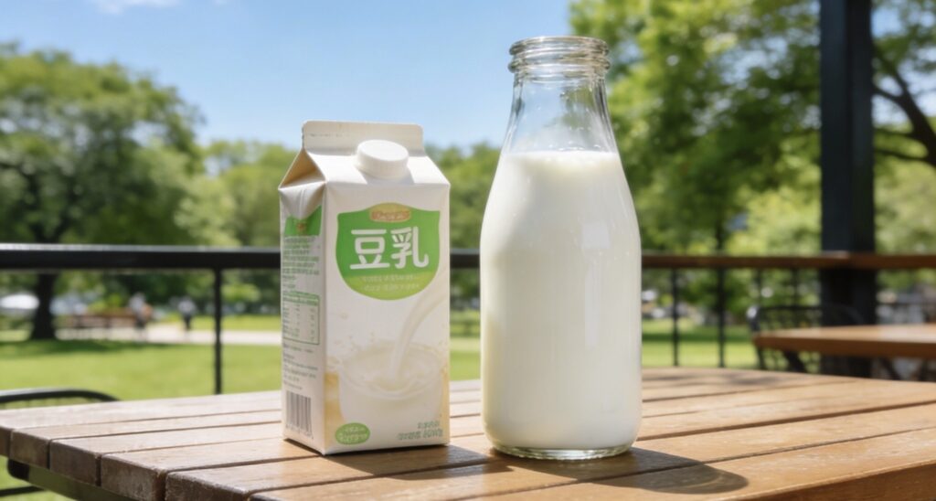 外のテーブルに置かれた豆乳のパックと瓶に入った豆乳