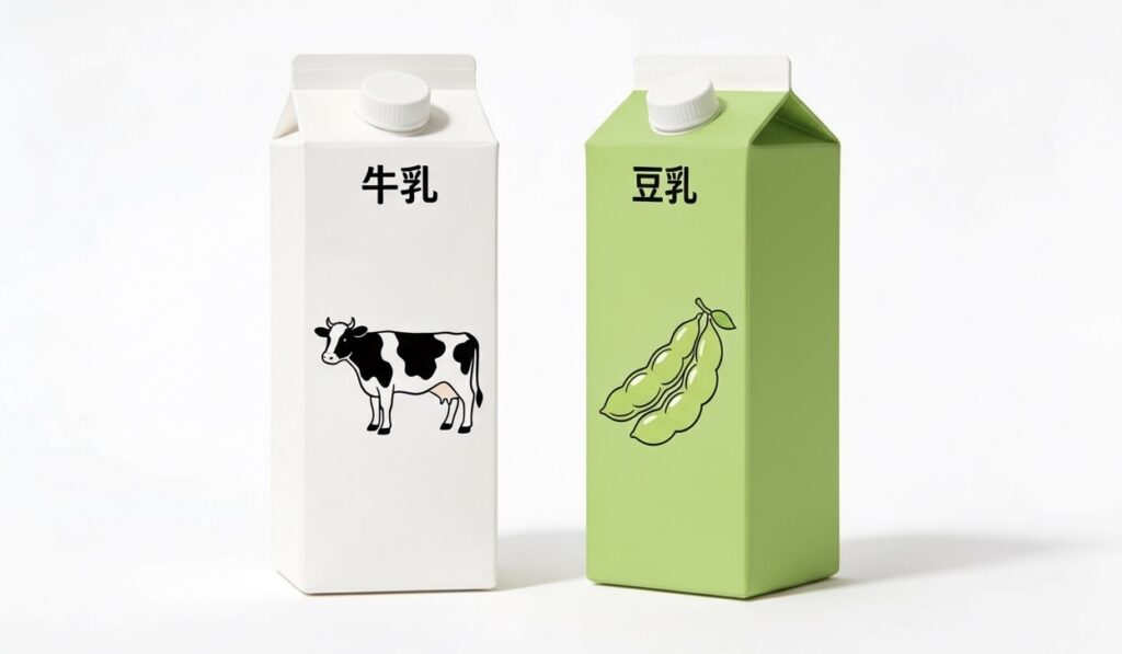 白い牛乳パックと緑の豆乳パックが立てて置かれている