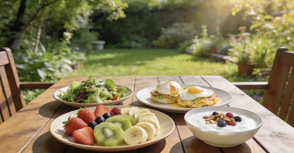 健康的な朝食が置かれた草木に囲まれた庭のテーブルの風景