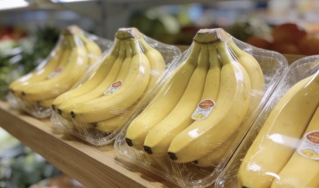 木の陳列棚に並べられたバナナが4房