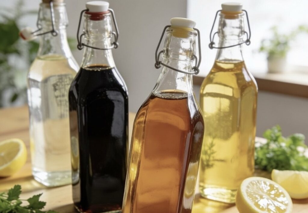 色々な種類のお酢が入った瓶が4本、テーブルの上の置かれている