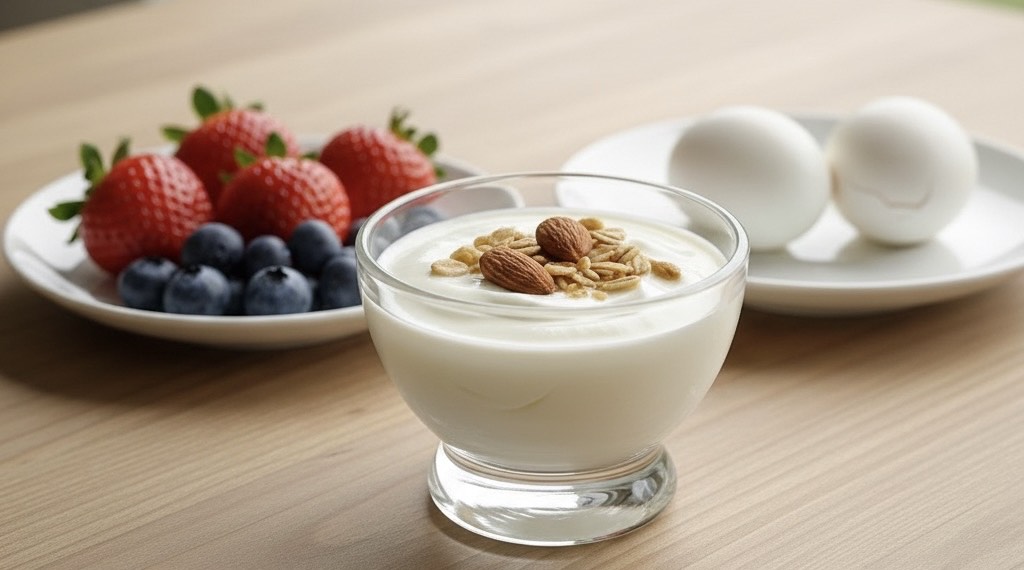 テーブルの上にヨーグルト、ゆで卵2個、果物が盛られた皿が置かれている