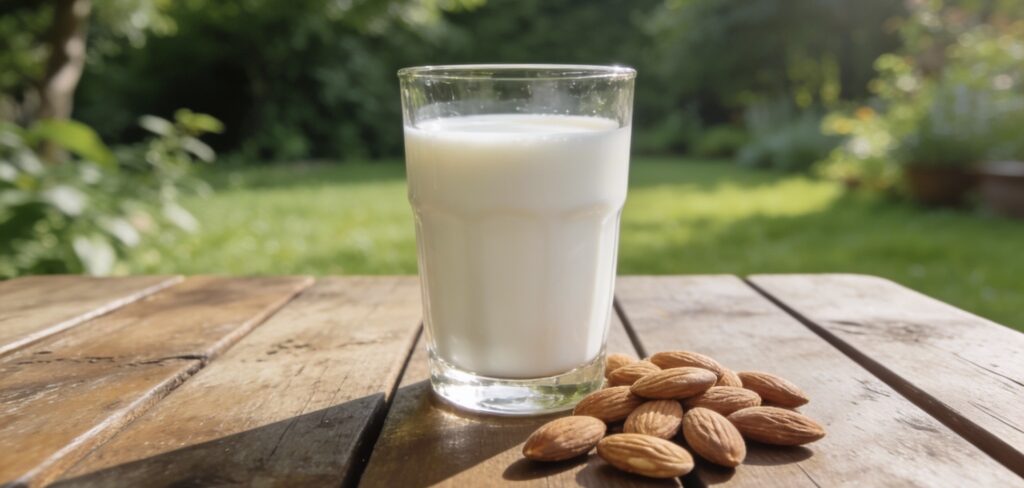アーモンド数粒とアーモンドミルクの入ったコップがテーブルにある