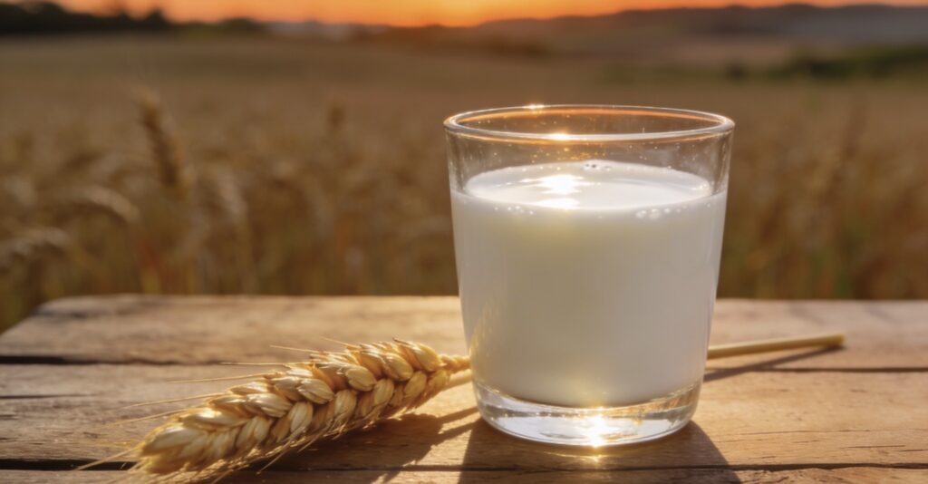 麦の穂1本とオーツミルクの入ったコップが一杯テーブルにある