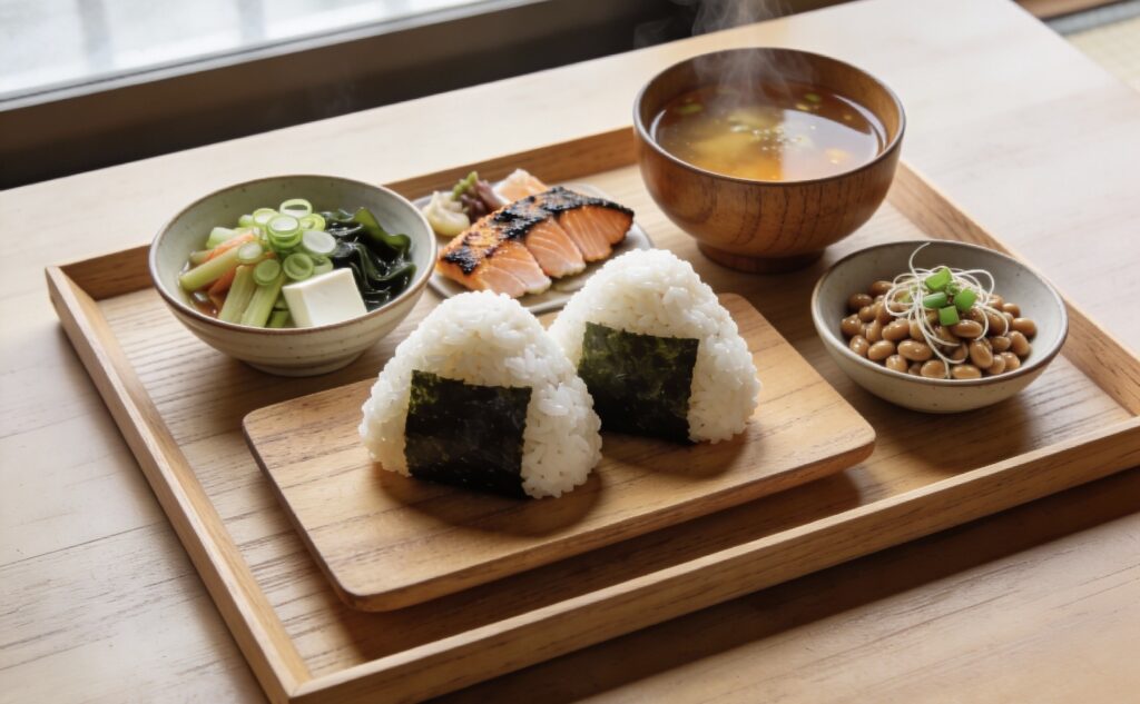おにぎりと野菜の味噌汁、野菜の副菜などの健康的な和食
