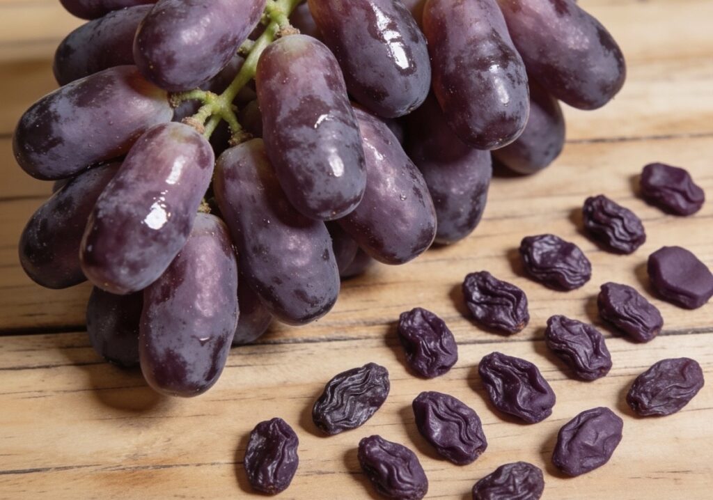 生の葡萄の房と隣にレーズンが比較されている構成