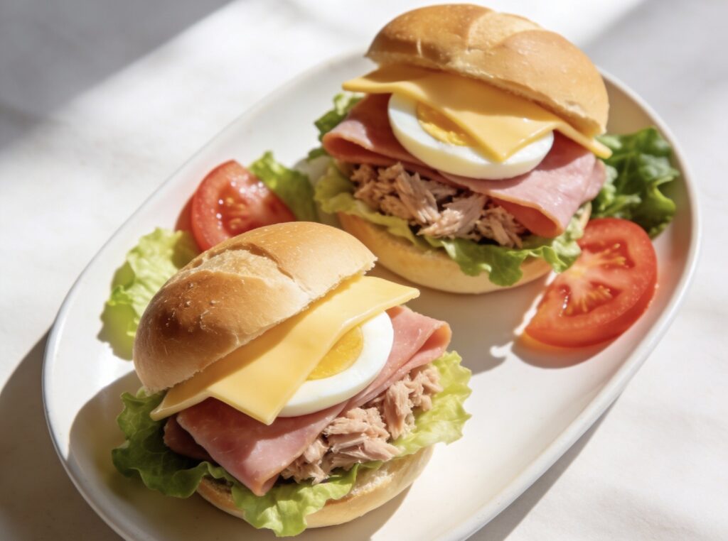 ハム、ツナ、卵、野菜、チーズを挟んだ健康的なサンドイッチ