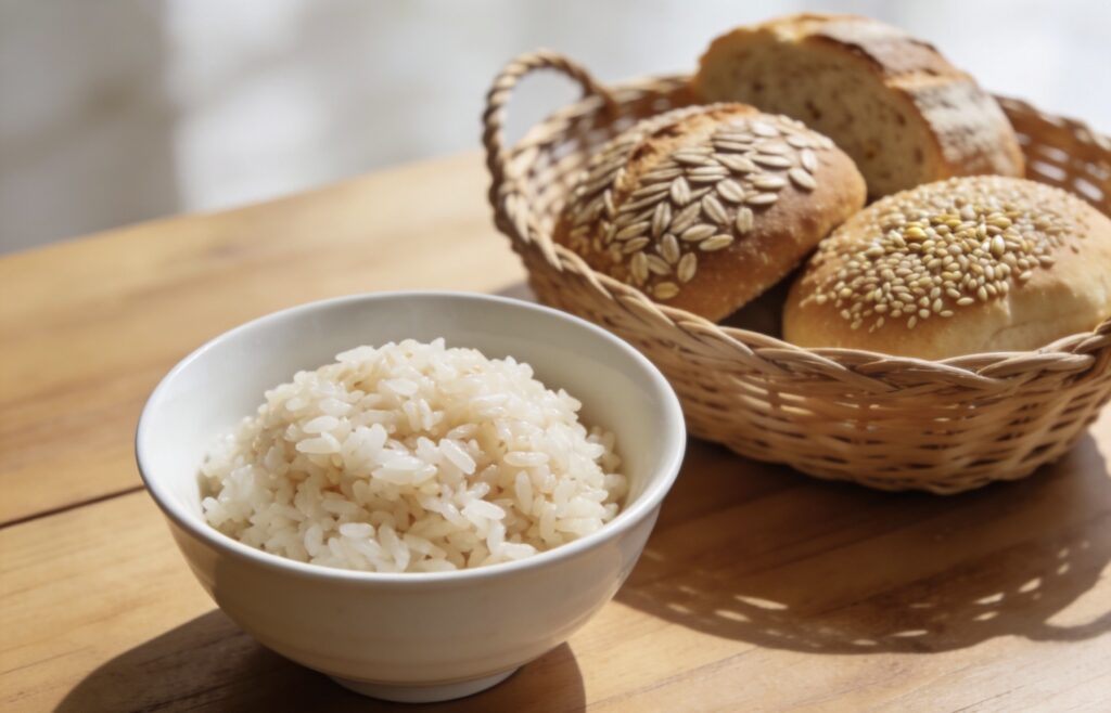 玄米ご飯と全粒粉パンやライ麦パンがテーブルにある