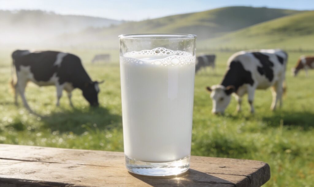 牧場を背景にグラスに入った牛乳が一杯ある