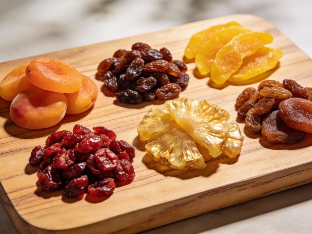 木のボードに種類ごとに盛られたマンゴーやレーズン、アプリコットなどのドライフルーツ