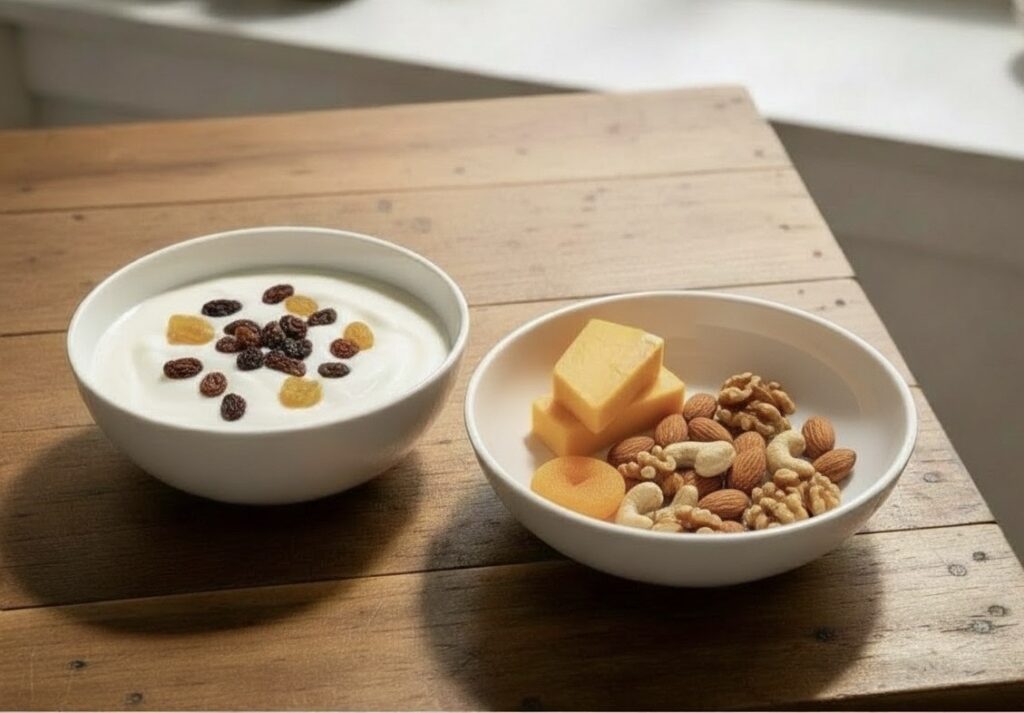 ドライフルーツの少量入ったヨーグルトの器とナッツとチーズの入った器