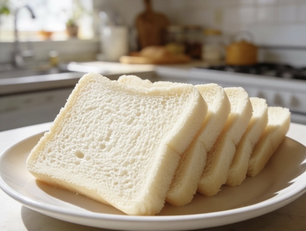皿にふわふわのやわらかそうな白い食パンのスライスが盛られている