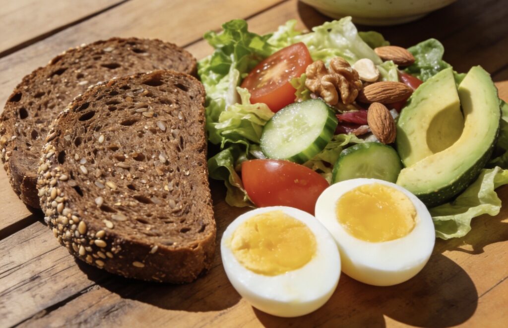 ライ麦パンに、ゆで卵、サラダにナッツがあるテーブル