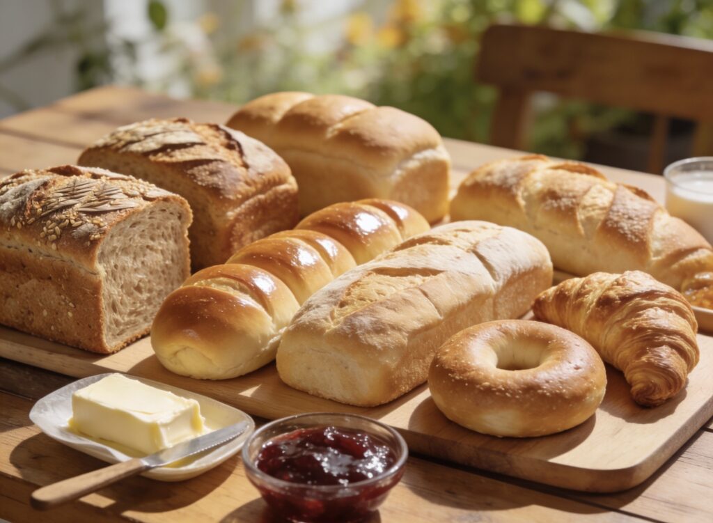 ベーグル、全粒粉パン、食パン、クロワッサン、ロールパンが並ぶテーブル