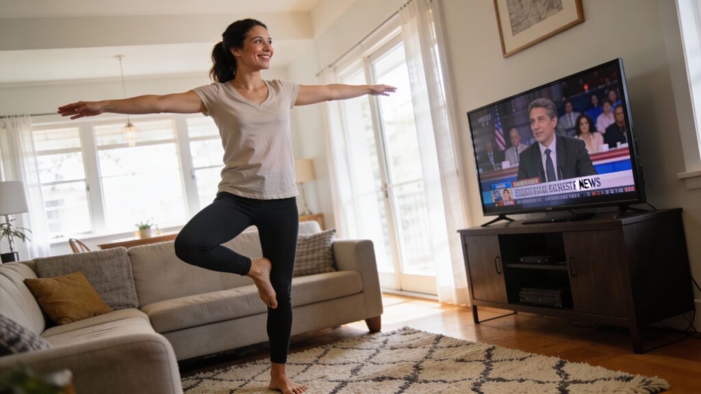 テレビの前で立ってストレッチをする女性