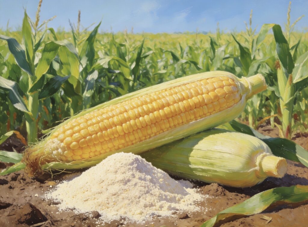 畑を背景に、とうもろこし2本ととうもろこしの澱粉