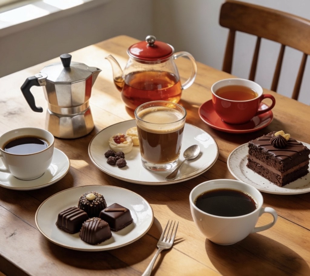 ダイニングテーブルに紅茶、コーヒー、チョコレートのお菓子がある