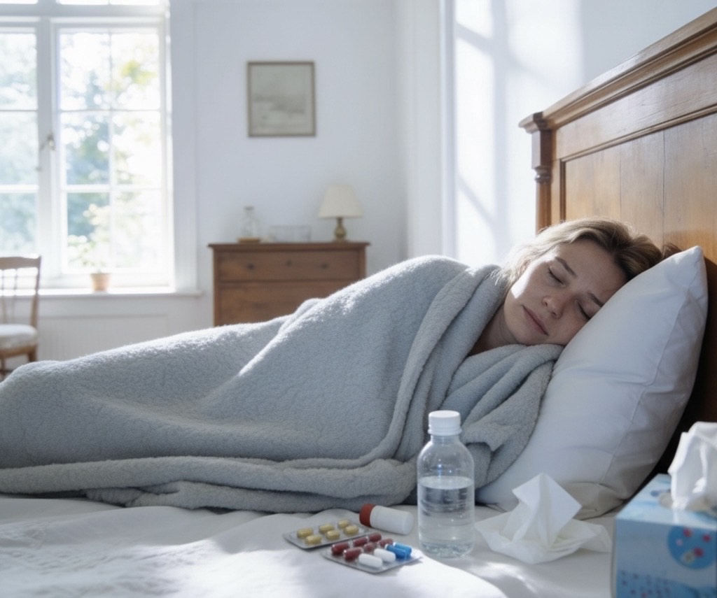 体調不良で食事が摂れずに、ベッドで寝ている女性