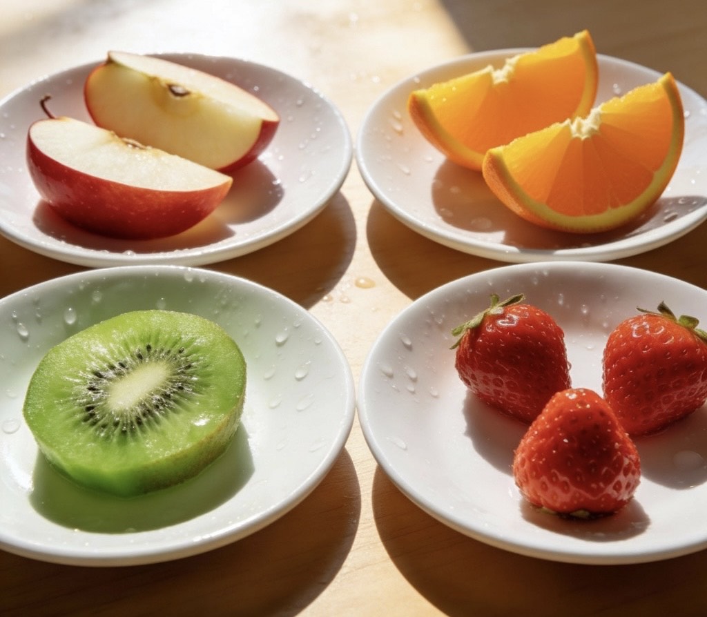 りんご、オレンジ、キウイ、いちごがそれぞれの皿に少量ずつある