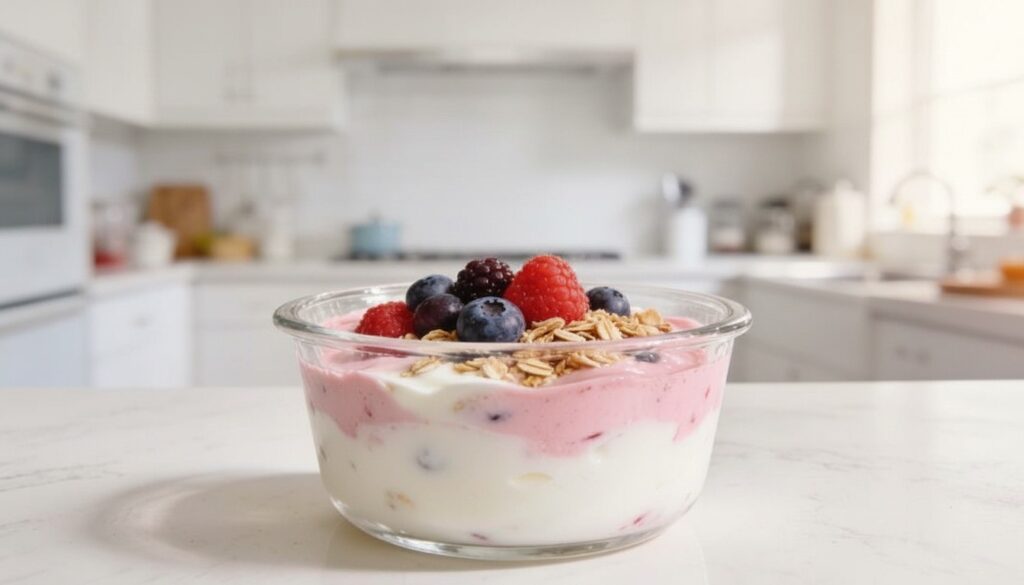 カップに入ったフルーツパフェのようなデザートヨーグルト