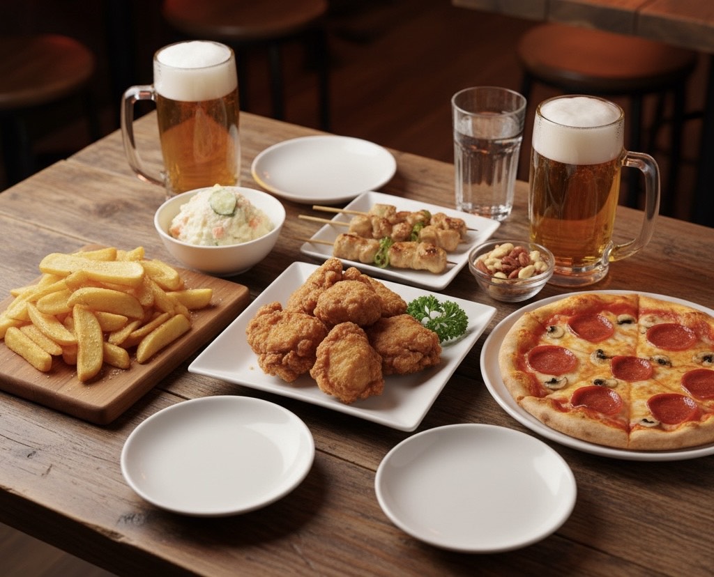 居酒屋のテーブルに唐揚げ、ポテトサラダ、ピザ、ポテトフライなどのおつまみが並んでいる。