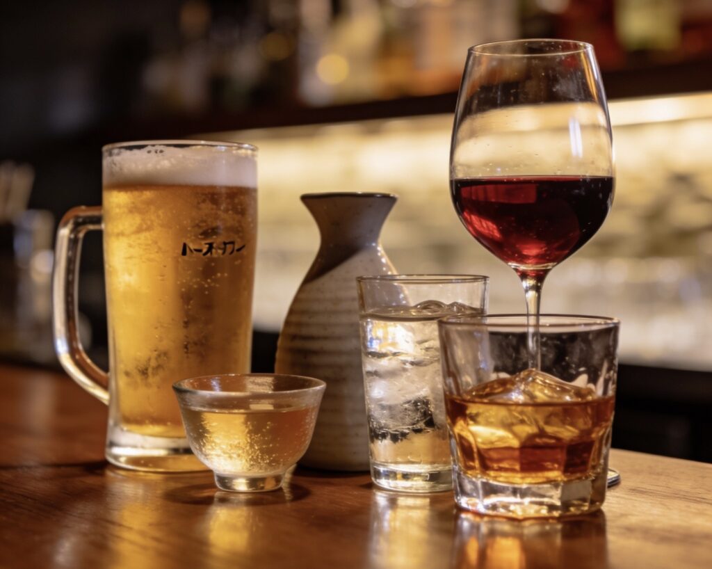 ジョッキのビール、グラスワイン、日本酒、焼酎などのお酒がカウンターに並ぶ