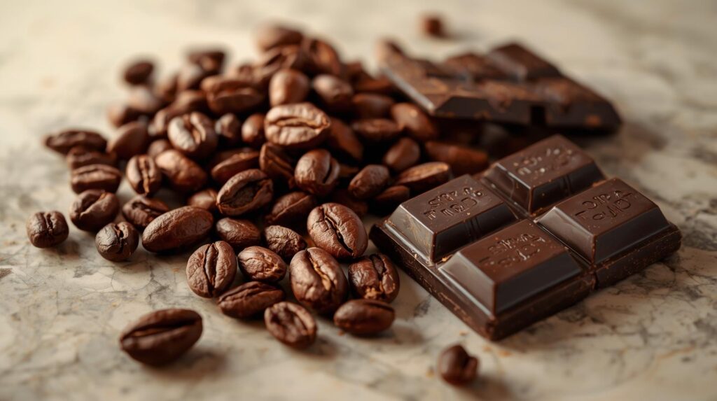 テーブルの上にカカオ豆とダークチョコレートが並んでいる