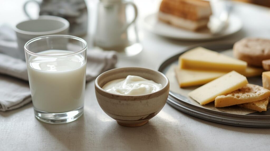 牛乳、プレーンのヨーグルト、チーズが朝食のテーブルに並んでいる
