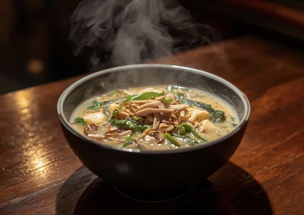 豆乳の入ったスープの麻辣湯がテーブルにある