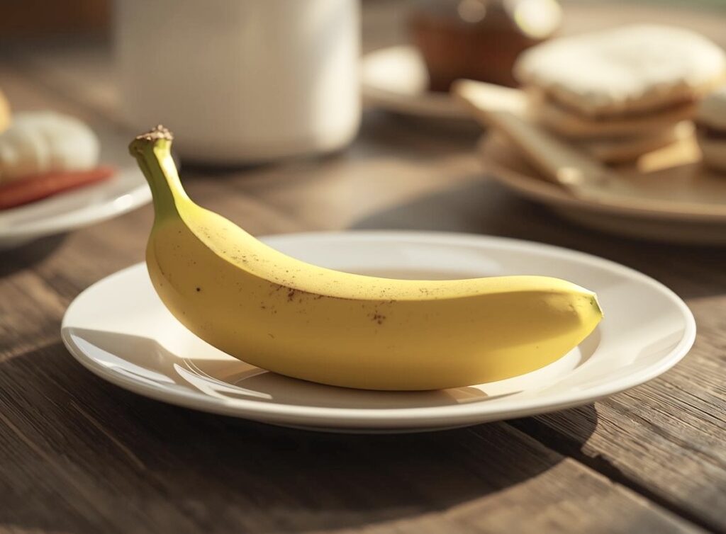 朝食のテーブルにバナナが一本、皿に盛られている