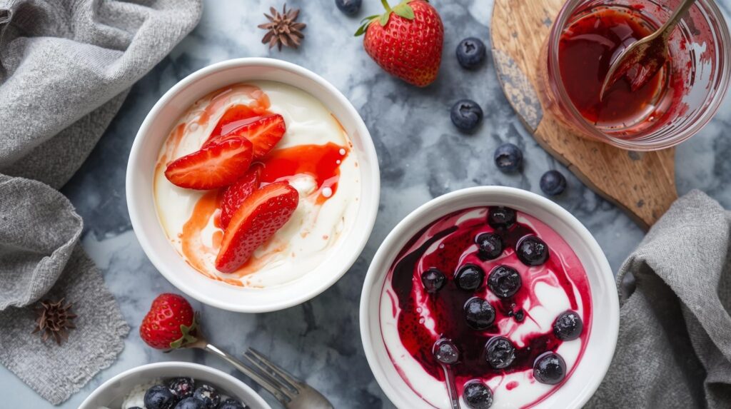 苺のフルーツソースが入った甘いヨーグルトが並んでいる