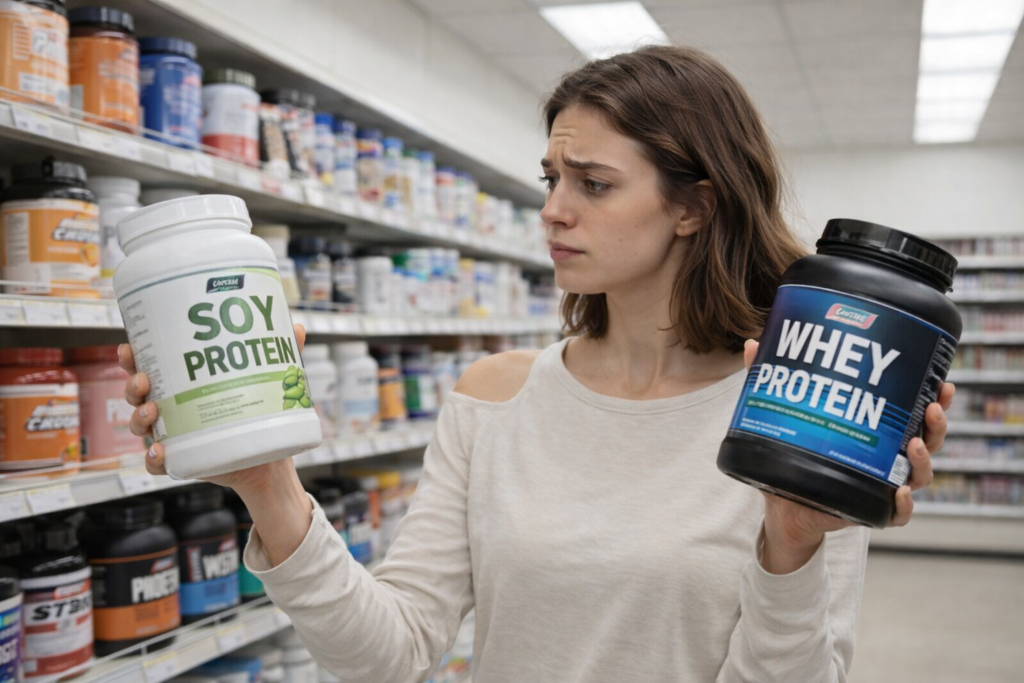 ソイプロテインとホエイプロテインを手にして悩む女性の姿