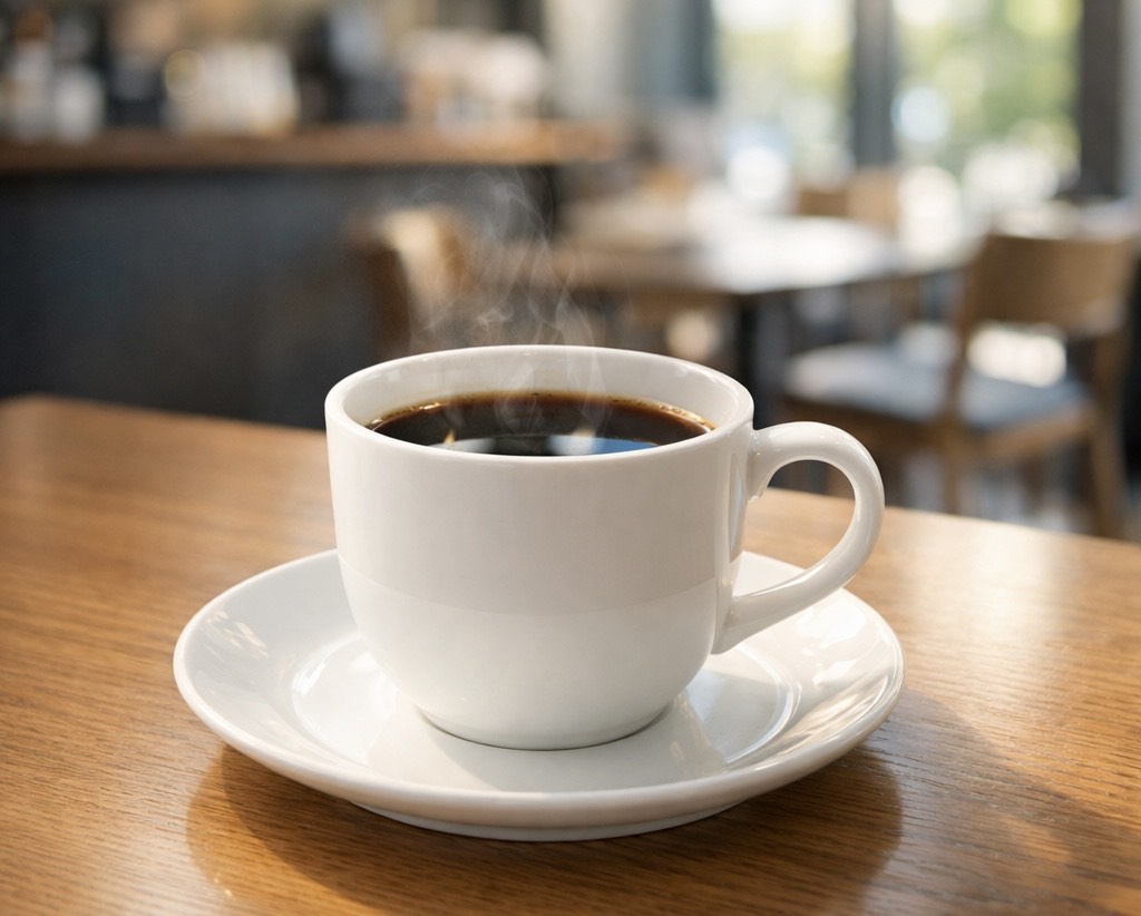 おしゃれなカフェのテーブルにブラックコーヒーが1杯ある