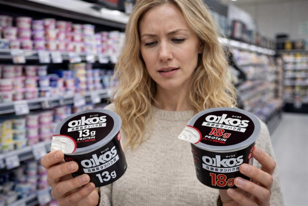 オイコス13gと18gのヨーグルトを手に持ってどちらがいいか悩んでいる女性