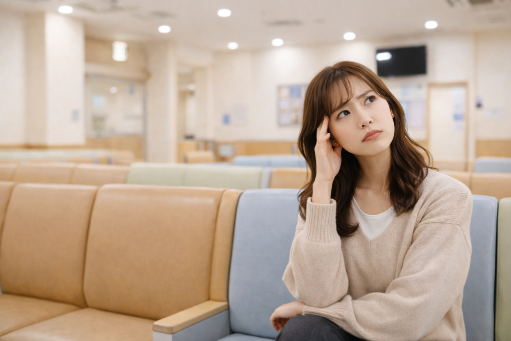 病院の椅子で思い悩む女性の姿