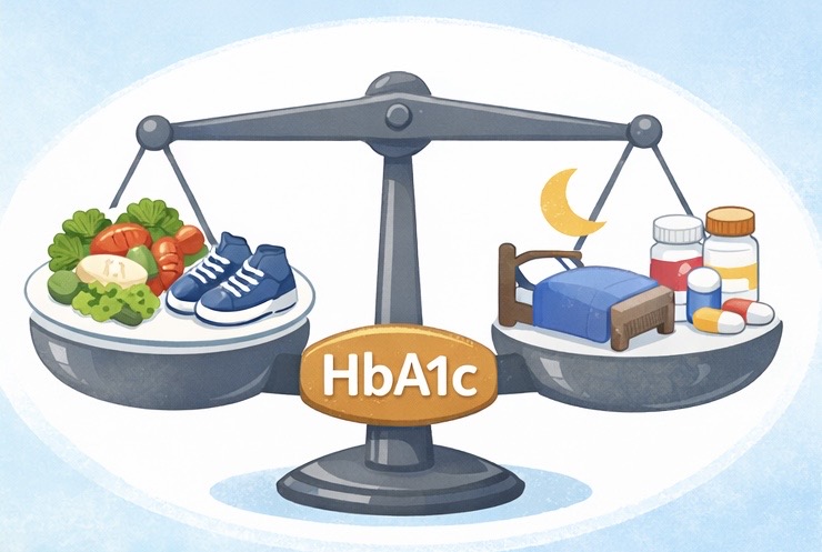 HbA1cは生活の総合点で決まることを表す天秤を描いた図