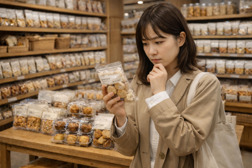 お菓子売り場でどれを買おうか商品を手に悩む女性の姿