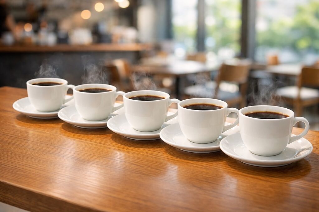 カフェのテーブルにブラックコーヒーが5杯並んでいる