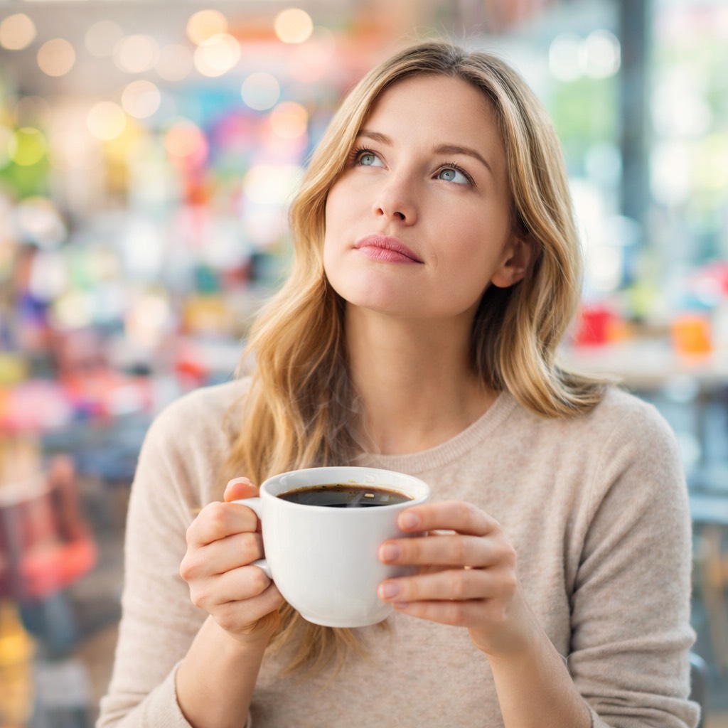 ブラックコーヒーを手に上を向いて考える外国人女性