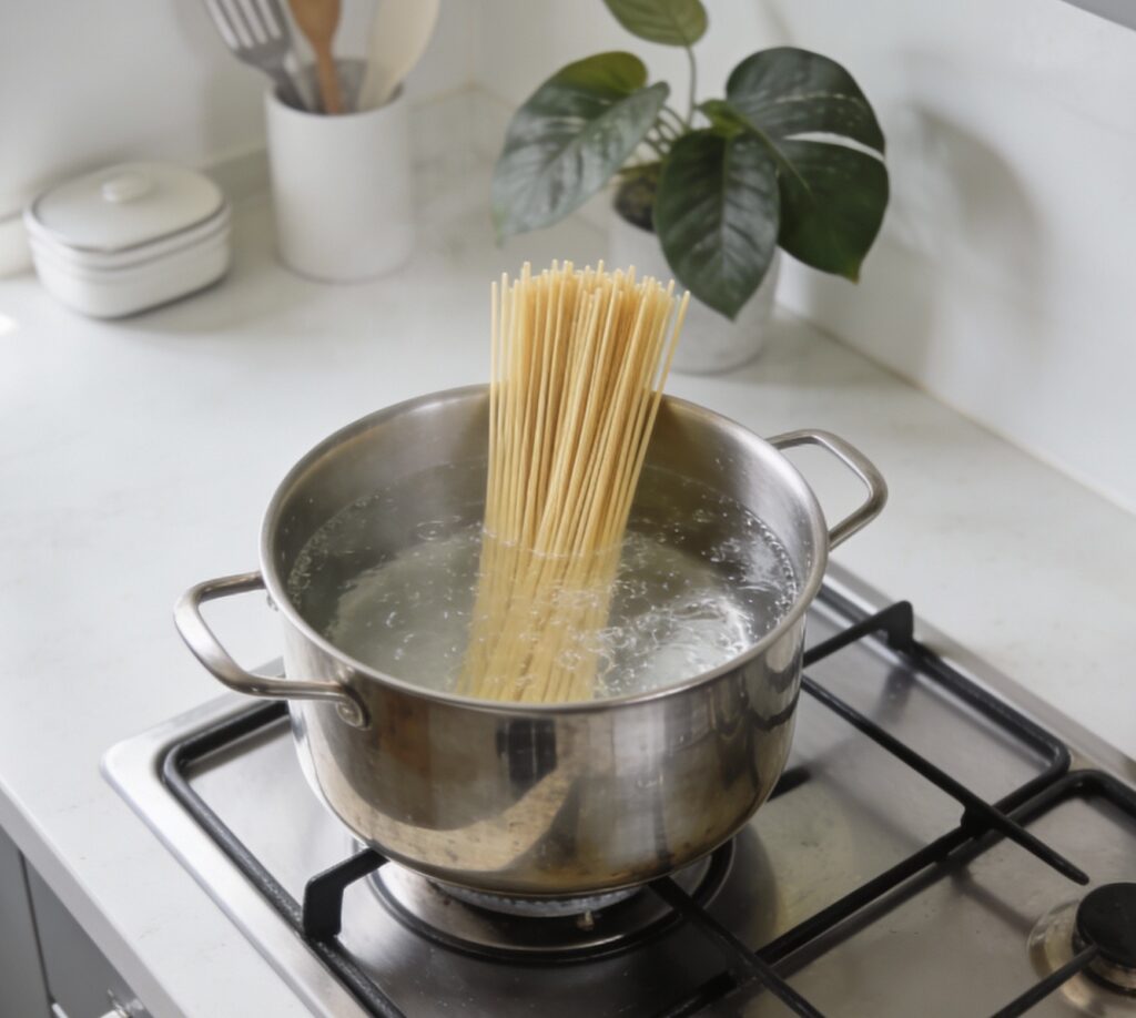 キッチンでパスタの乾麺を鍋に入れて茹でている風景