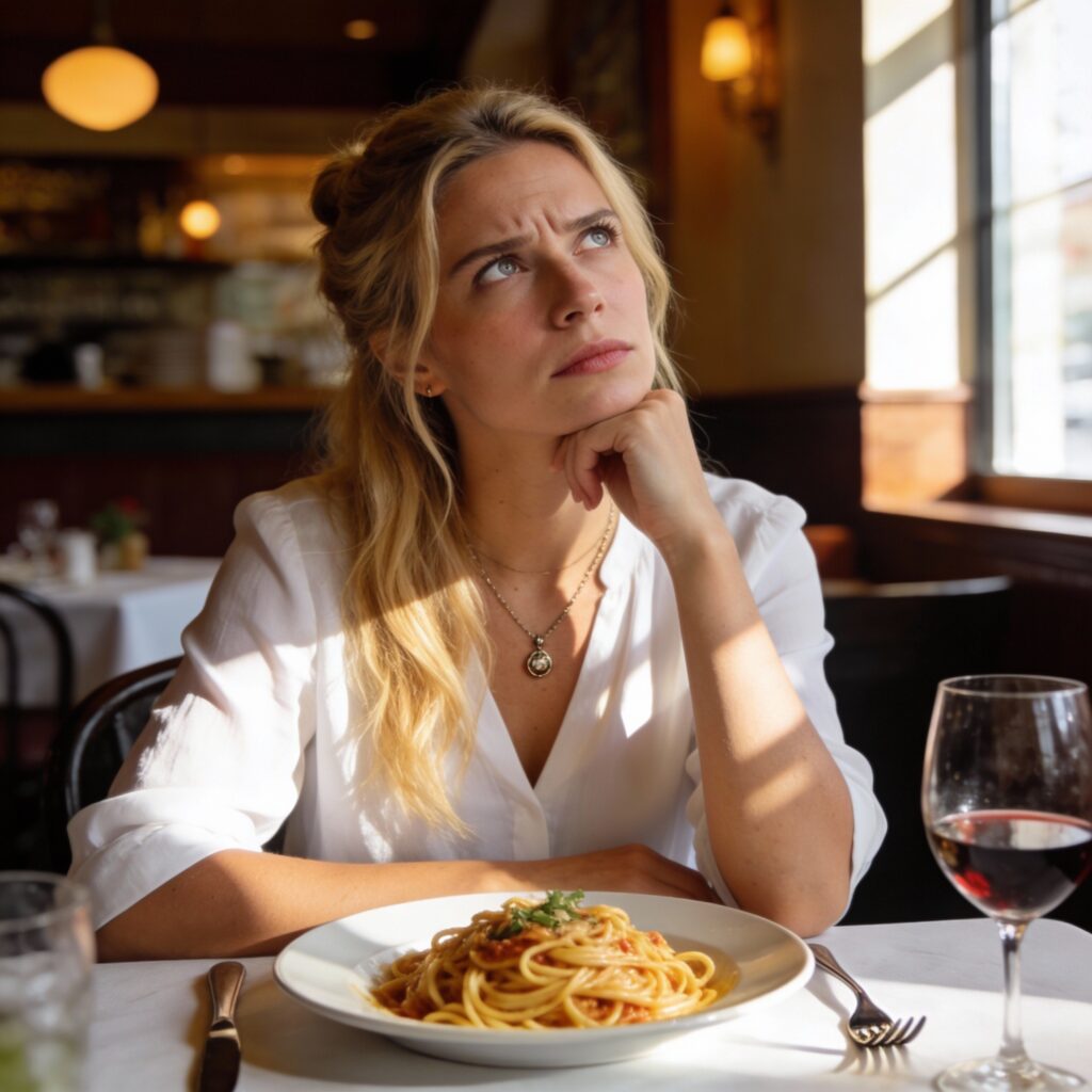 イタリアンレストランでパスタの皿を前にして、上を向いて考えている女性