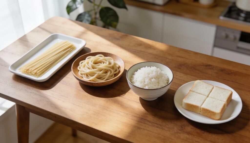 テーブルにうどんの麺、パスタの乾麺、ご飯、食パンが並んでいる。