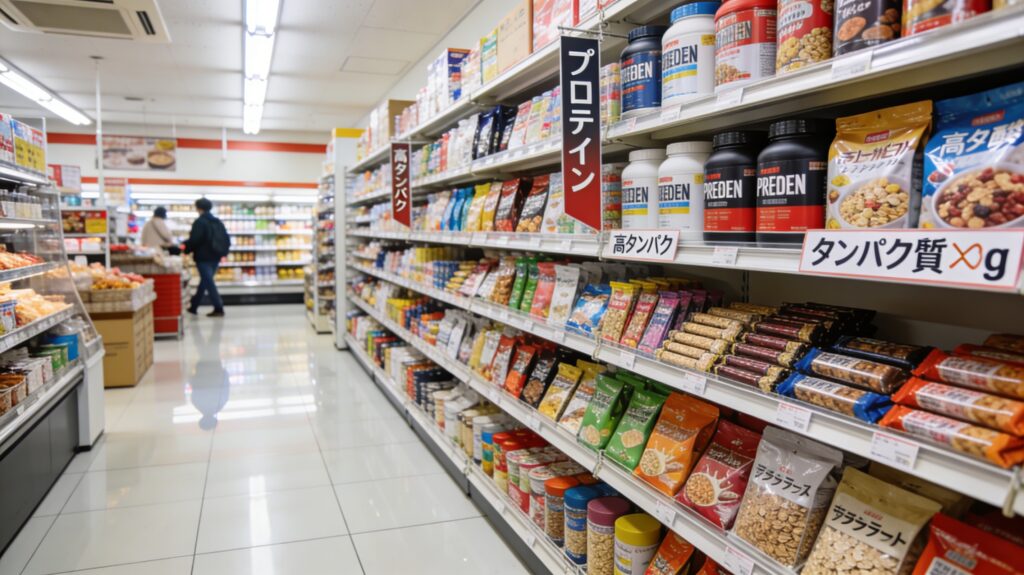 スーパーの食品売り場で高タンパク質が入った食品がずらりと並ぶ様子